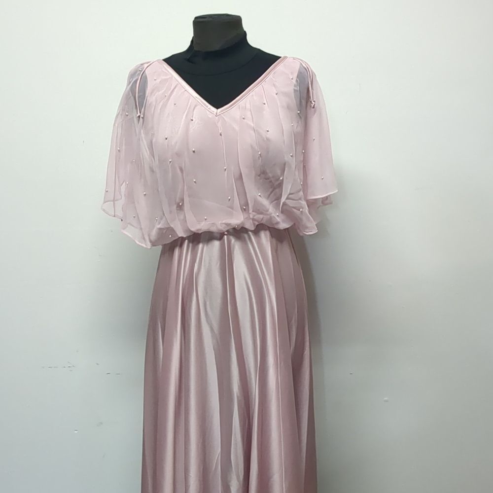Vintage 70s Pink Pearl Shawl Collar Maxi Gown, Size S - Picture 6 of 16